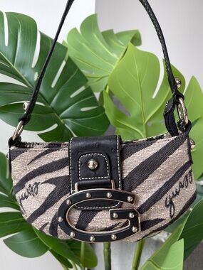 Vintage Y2K GUESS Zebra Print Mini Shoulder Bag Studded G Buckle Handbag Purse 🦓